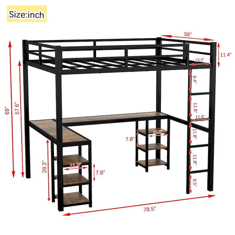 Full Size Metal Loft Bed with Desk, Shelves and Guardrails