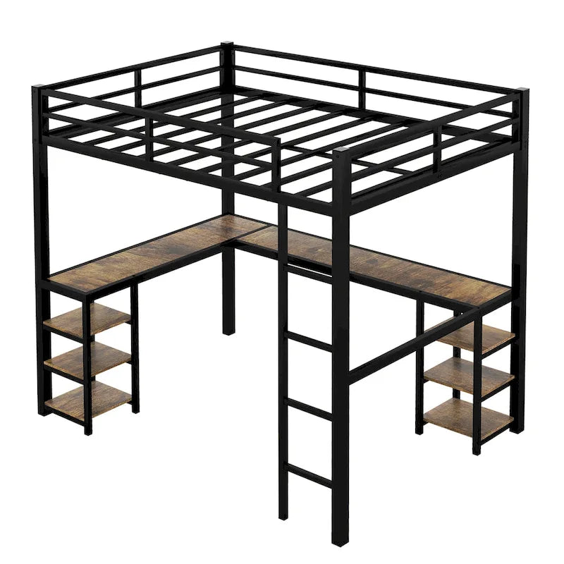 Full Size Metal Loft Bed with Desk, Shelves and Guardrails
