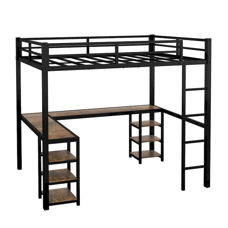 Full Size Metal Loft Bed with Desk, Shelves and Guardrails