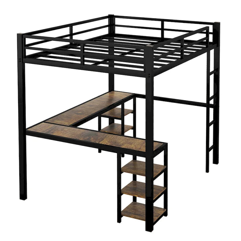 Full Size Metal Loft Bed with Desk, Shelves and Guardrails