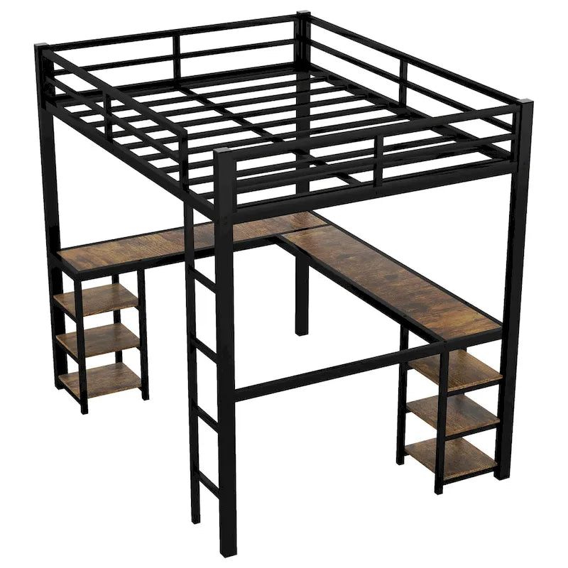 Full Size Metal Loft Bed with Desk, Shelves and Guardrails