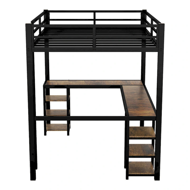 Full Size Metal Loft Bed with Desk, Shelves and Guardrails