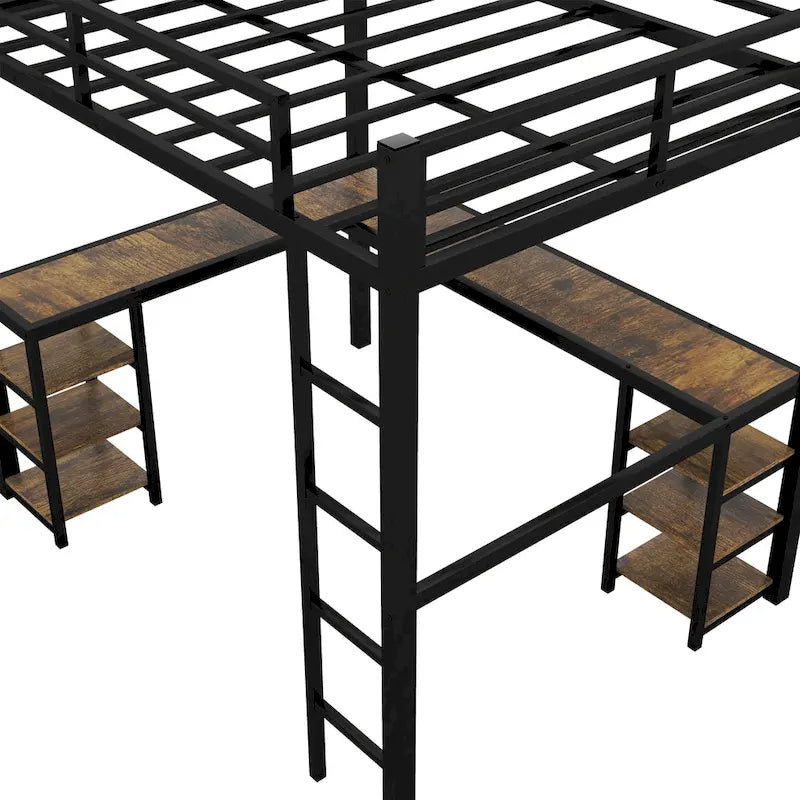 Full Size Metal Loft Bed with Desk, Shelves and Guardrails