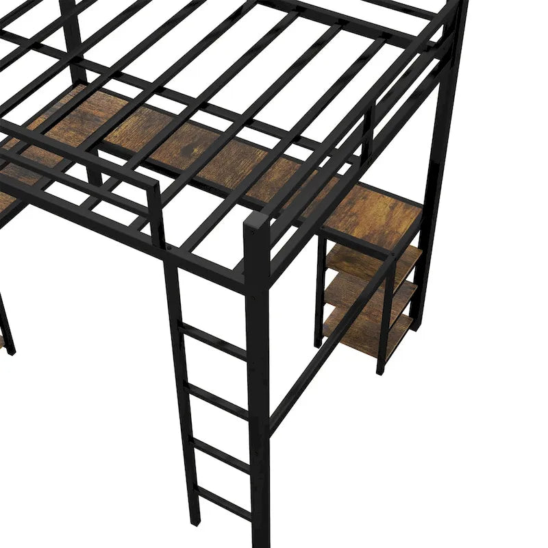 Full Size Metal Loft Bed with Desk, Shelves and Guardrails