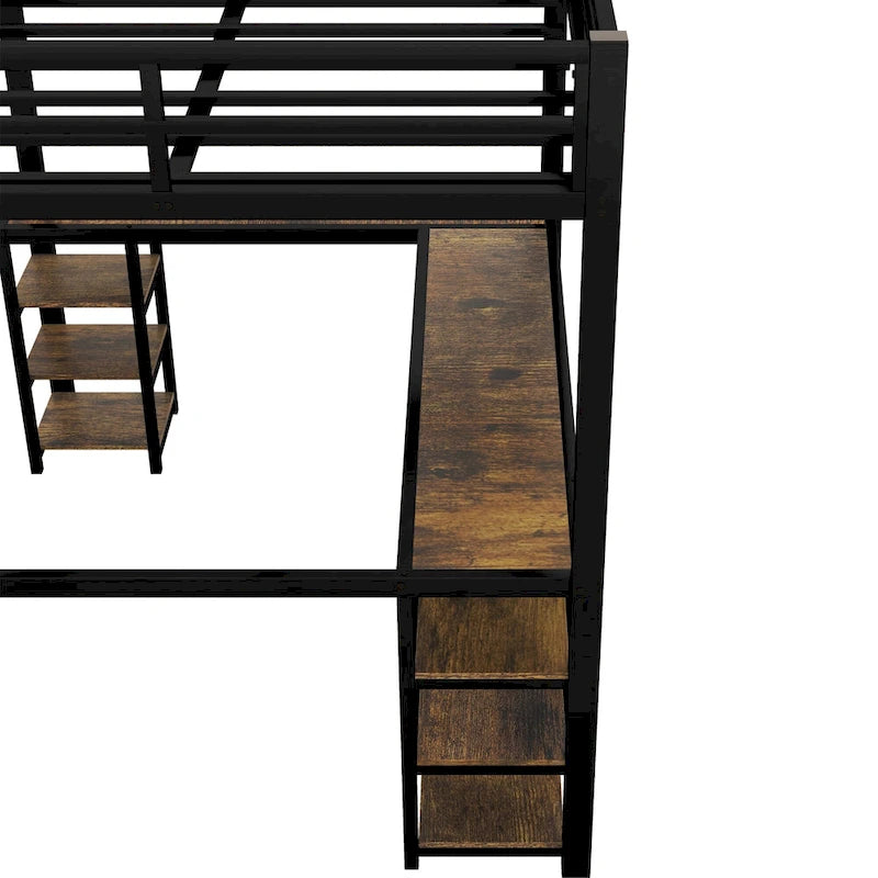 Full Size Metal Loft Bed with Desk, Shelves and Guardrails