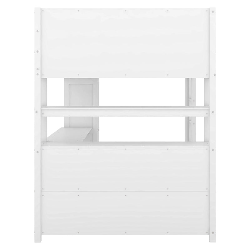 Wood Loft Bed with Cabinet and Bookshelf