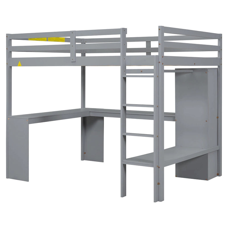 Full Size Loft Bed with L-shaped Desk, Wardrobe and Storage Shelves
