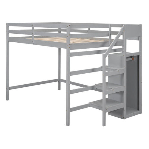 Full Size Loft Bed with Built-in Storage Wardrobe and Staircase