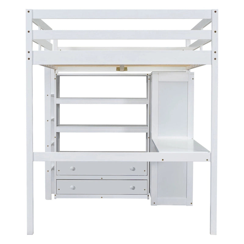 Wood Full Size Loft Bed with Built-in Wardrobe, Desk, Storage Shelves and Drawers