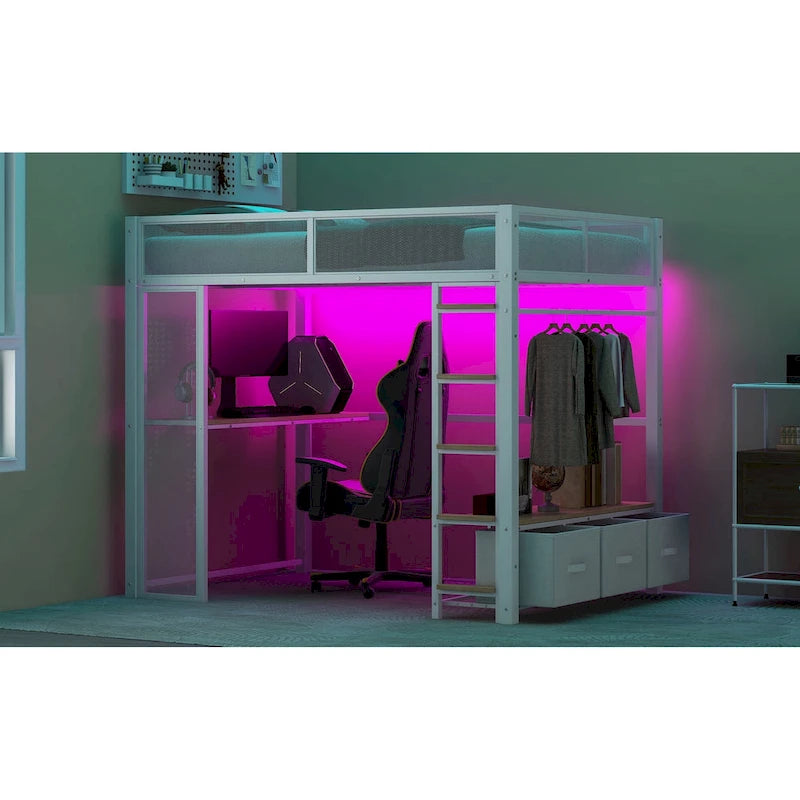 Full Size Metal Gaming Loft Bed with LED, Desk, Open Wardrobe and 3 Linen Storage Drawers