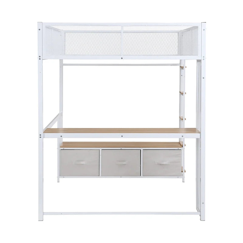 Full Size Metal Gaming Loft Bed with LED, Desk, Open Wardrobe and 3 Linen Storage Drawers