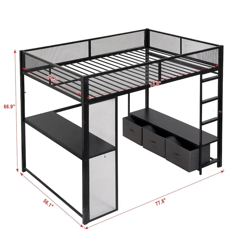 Full Size Metal Gaming Loft Bed with LED, Desk, Open Wardrobe and 3 Linen Storage Drawers