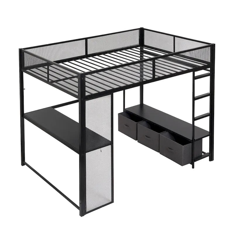 Full Size Metal Gaming Loft Bed with LED, Desk, Open Wardrobe and 3 Linen Storage Drawers