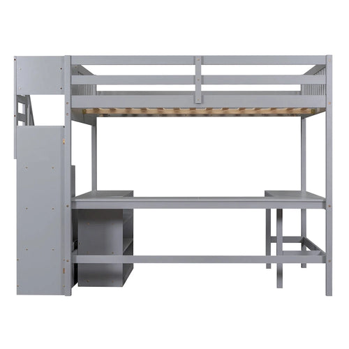 Full Size Loft Bed with Built-in L-Shaped Desk and Three-Tier Storage Shelves,and Attached Storage Staircase