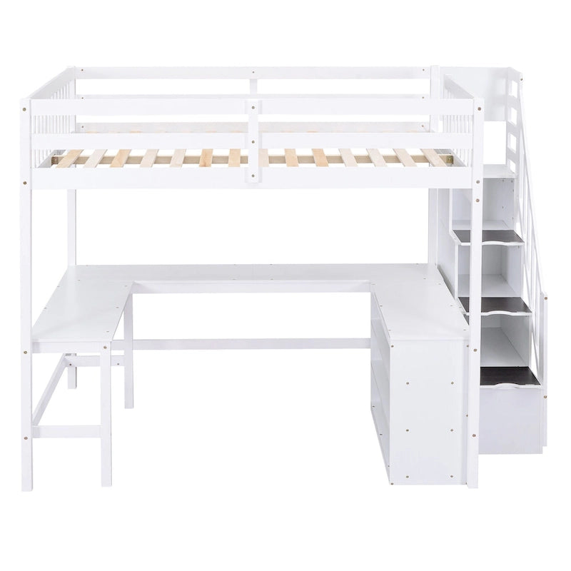 Full Size Loft Bed with Built-in L-Shaped Desk and Three-Tier Storage Shelves,and Attached Storage Staircase