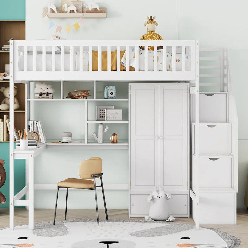 Full Size Loft Bed with Bookshelf, Drawers, Desk and Wardrobe
