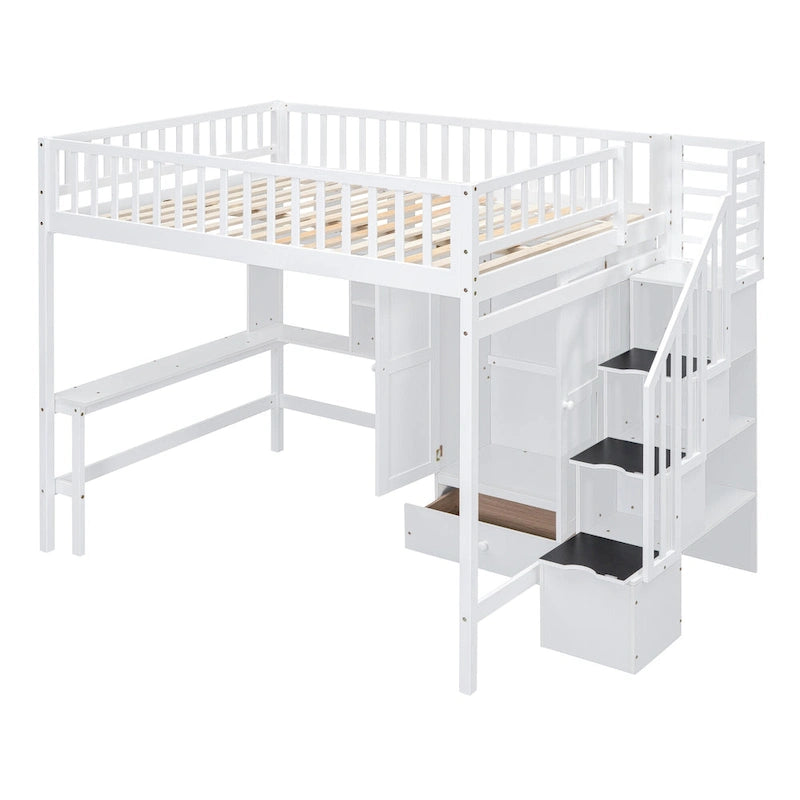 Full Size Loft Bed with Bookshelf, Drawers, Desk and Wardrobe