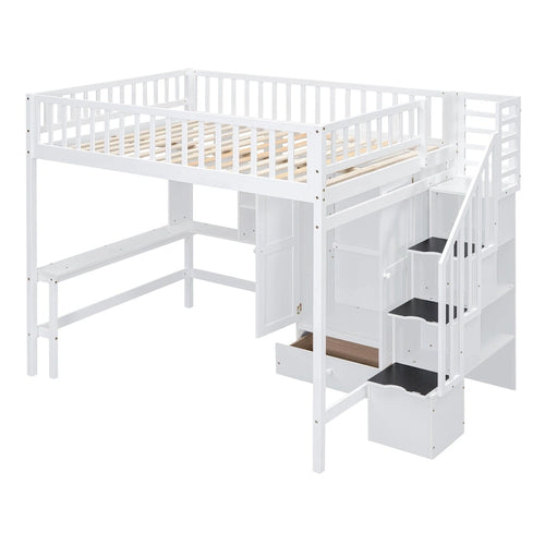 Full Size Loft Bed with Bookshelf, Drawers, Desk and Wardrobe