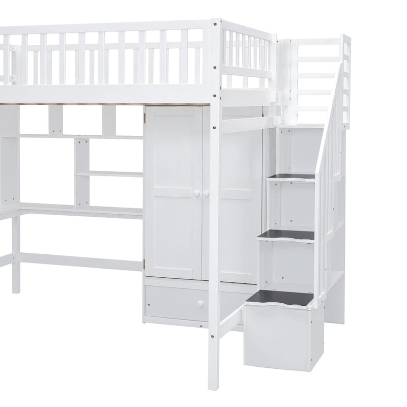 Full Size Loft Bed with Bookshelf, Drawers, Desk and Wardrobe