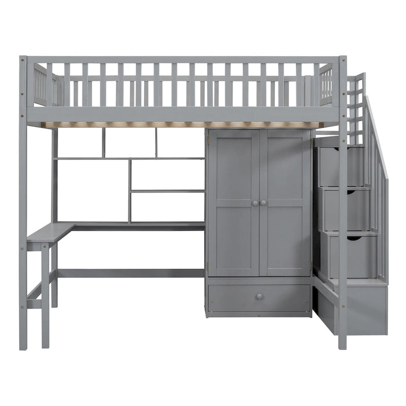 Full Size Loft Bed with Bookshelf, Drawers, Desk and Wardrobe