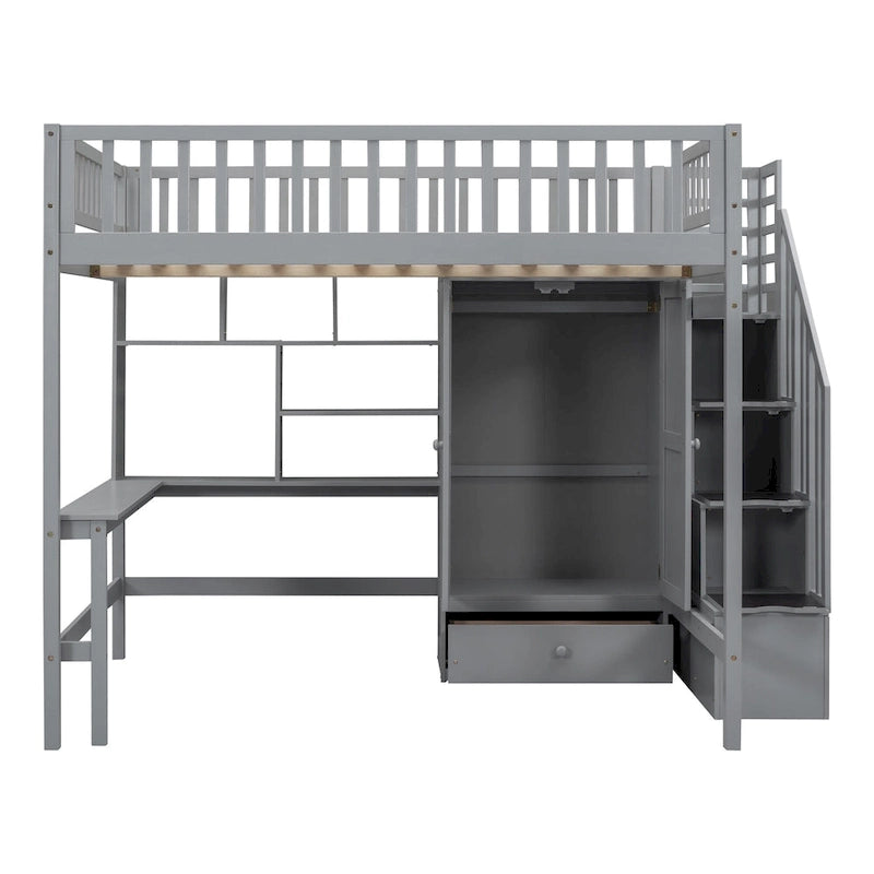 Full Size Loft Bed with Bookshelf, Drawers, Desk and Wardrobe
