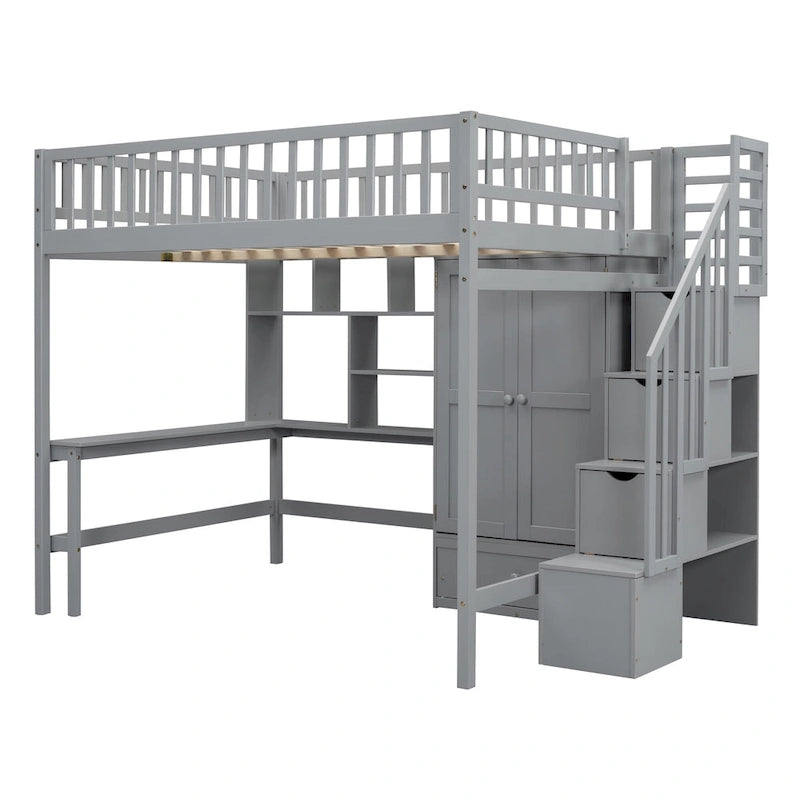 Full Size Loft Bed with Bookshelf, Drawers, Desk and Wardrobe