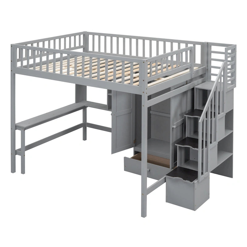 Full Size Loft Bed with Bookshelf, Drawers, Desk and Wardrobe