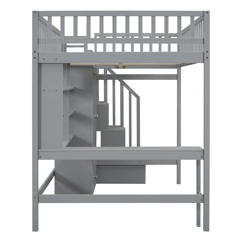 Full Size Loft Bed with Bookshelf, Drawers, Desk and Wardrobe