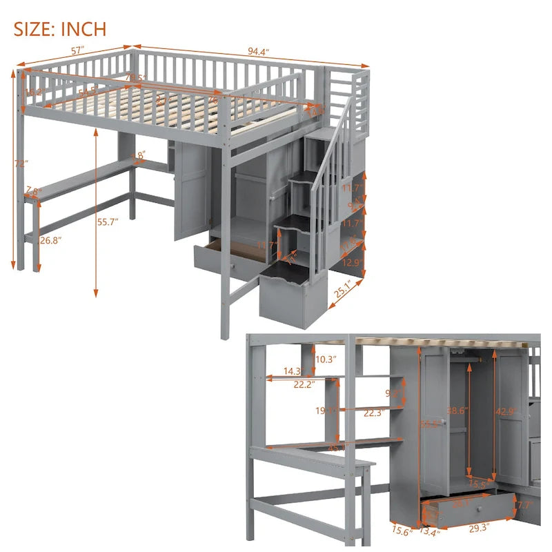 Full Size Loft Bed with Bookshelf, Drawers, Desk and Wardrobe