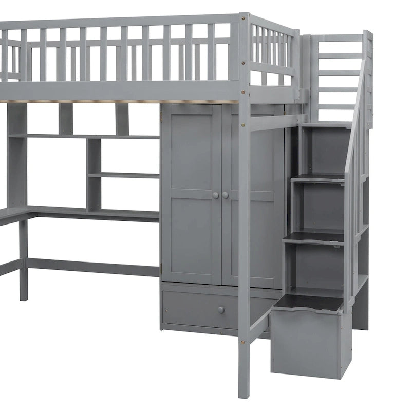 Full Size Loft Bed with Bookshelf, Drawers, Desk and Wardrobe