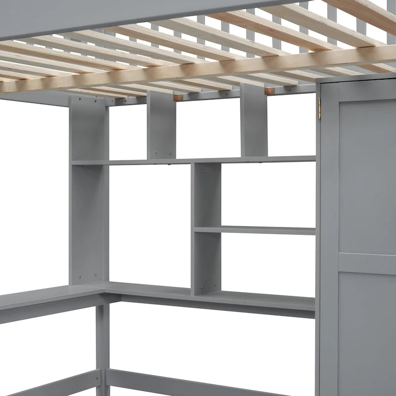 Full Size Loft Bed with Bookshelf, Drawers, Desk and Wardrobe