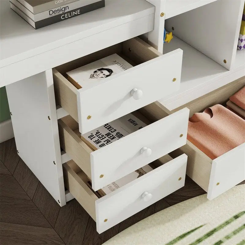 Full Size Loft Bed with Built-in L-Shaped Desk, 4 Storage Drawers and Open Shelves