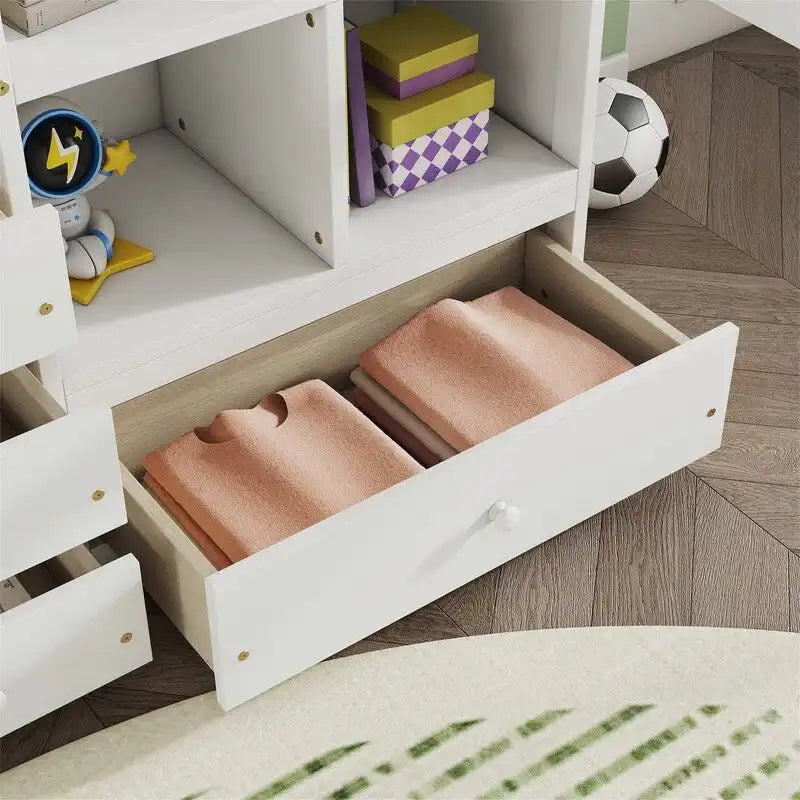 Full Size Loft Bed with Built-in L-Shaped Desk, 4 Storage Drawers and Open Shelves