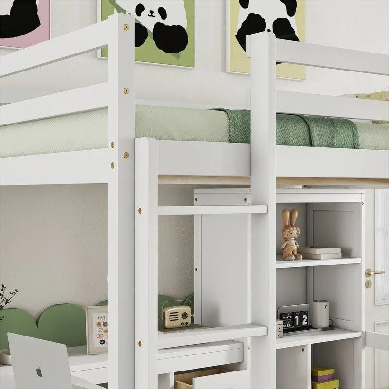 Full Size Loft Bed with Built-in L-Shaped Desk, 4 Storage Drawers and Open Shelves