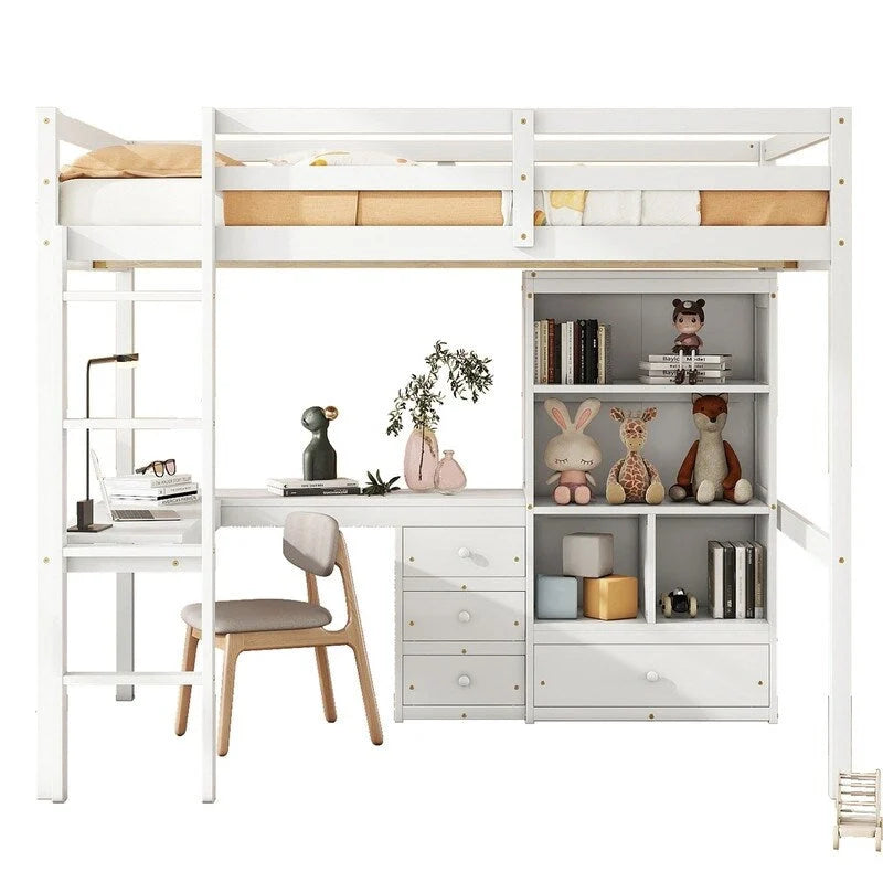 Full Size Loft Bed with Built-in L-Shaped Desk, 4 Storage Drawers and Open Shelves