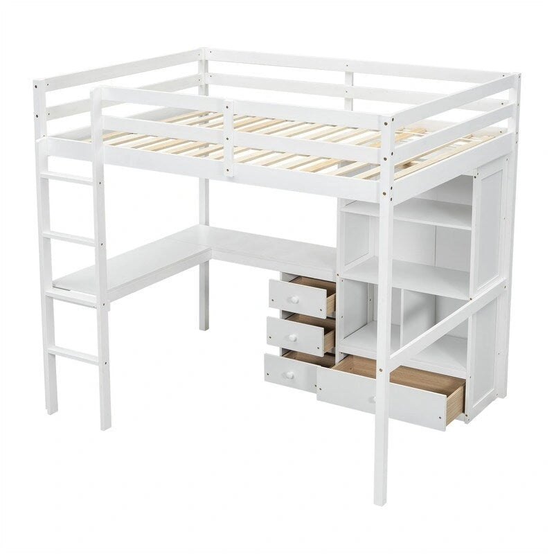 Full Size Loft Bed with Built-in L-Shaped Desk, 4 Storage Drawers and Open Shelves
