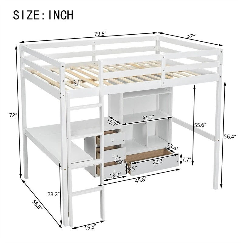 Full Size Loft Bed with Built-in L-Shaped Desk, 4 Storage Drawers and Open Shelves