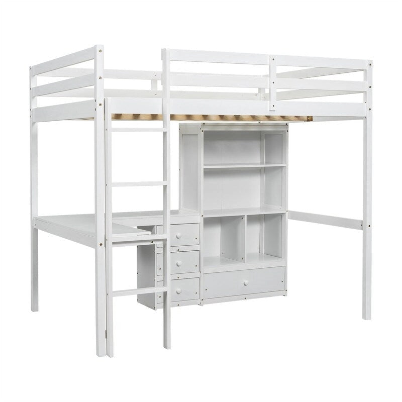 Full Size Loft Bed with Built-in L-Shaped Desk, 4 Storage Drawers and Open Shelves