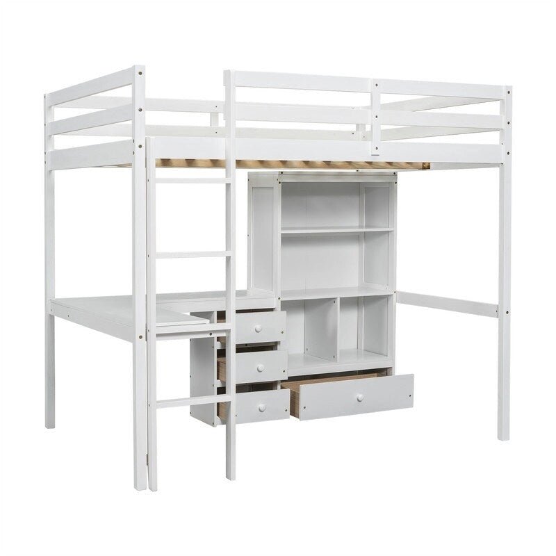 Full Size Loft Bed with Built-in L-Shaped Desk, 4 Storage Drawers and Open Shelves