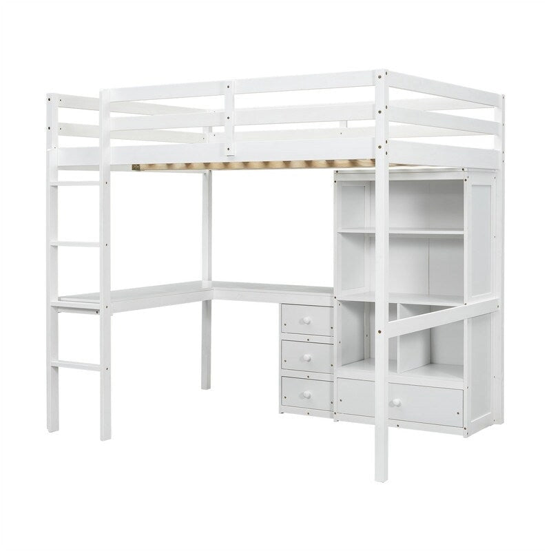 Full Size Loft Bed with Built-in L-Shaped Desk, 4 Storage Drawers and Open Shelves