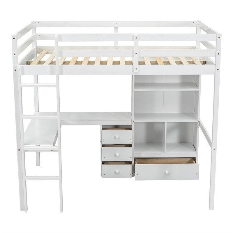 Full Size Loft Bed with Built-in L-Shaped Desk, 4 Storage Drawers and Open Shelves