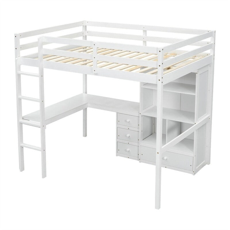 Full Size Loft Bed with Built-in L-Shaped Desk, 4 Storage Drawers and Open Shelves