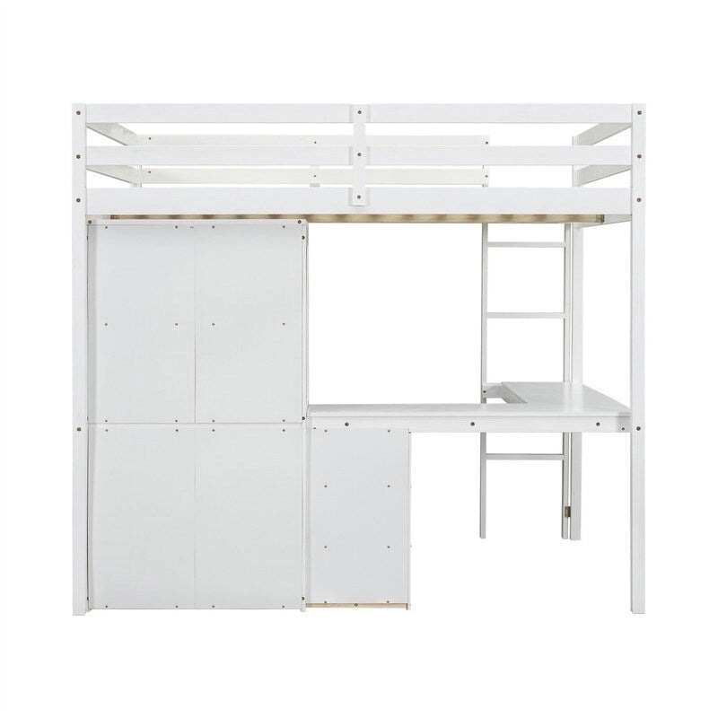 Full Size Loft Bed with Built-in L-Shaped Desk, 4 Storage Drawers and Open Shelves