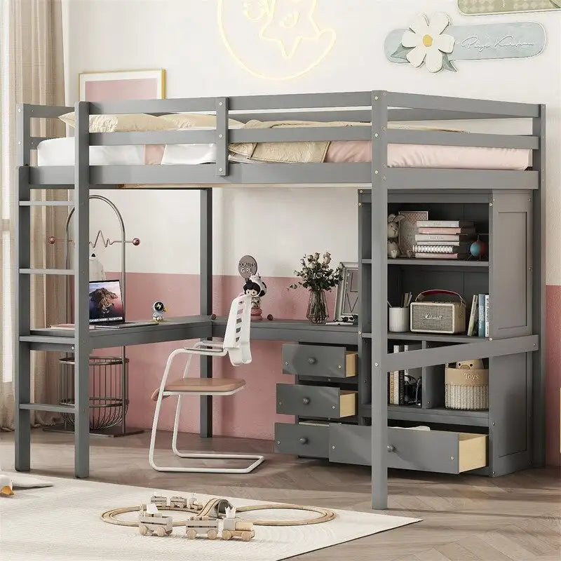 Full Size Loft Bed with Built-in L-Shaped Desk, 4 Storage Drawers and Open Shelves