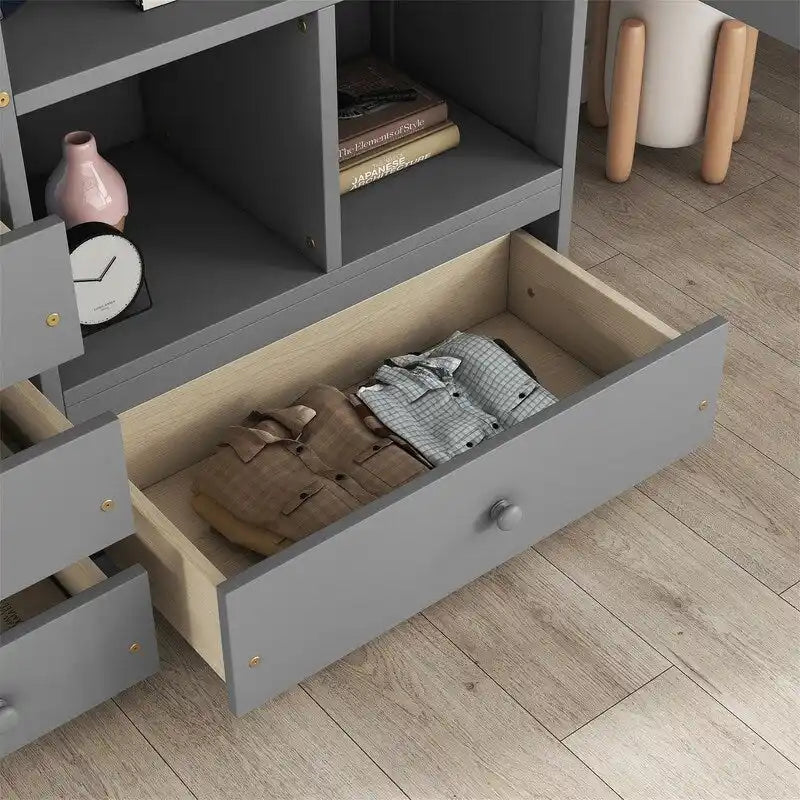 Full Size Loft Bed with Built-in L-Shaped Desk, 4 Storage Drawers and Open Shelves