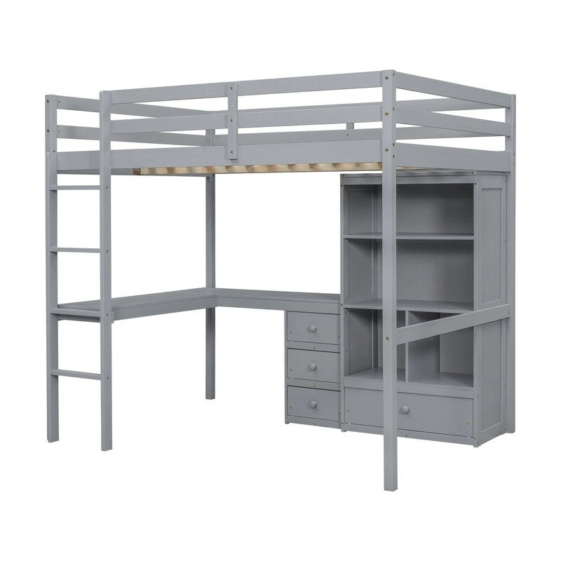 Full Size Loft Bed with Built-in L-Shaped Desk, 4 Storage Drawers and Open Shelves