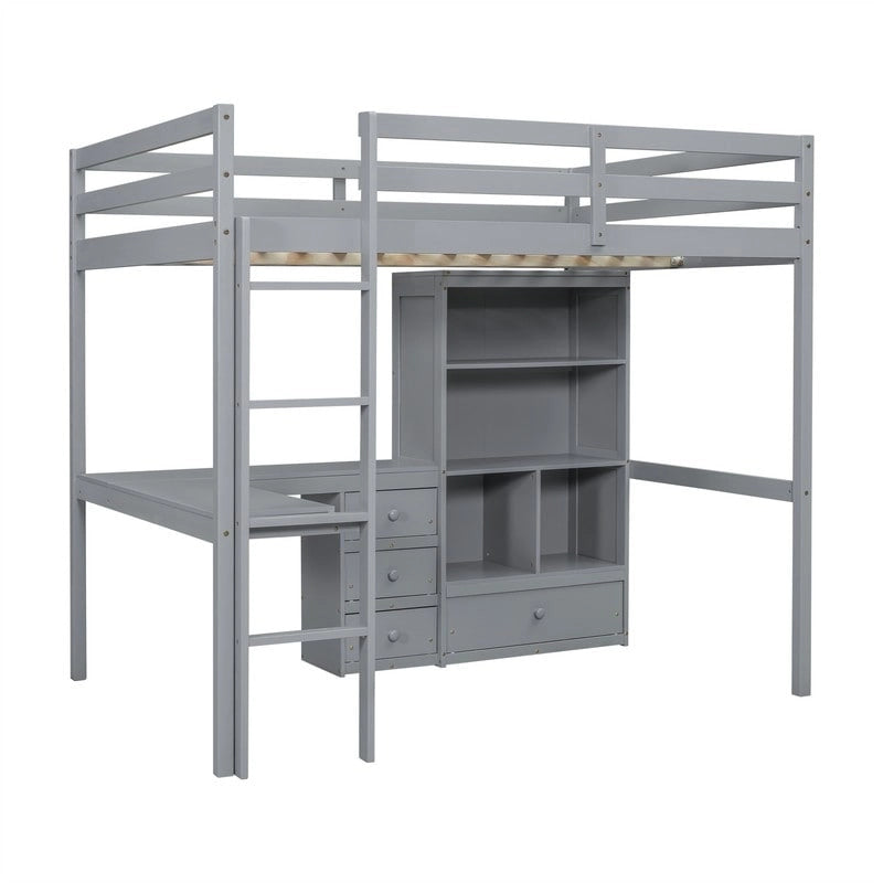 Full Size Loft Bed with Built-in L-Shaped Desk, 4 Storage Drawers and Open Shelves