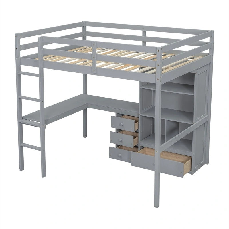 Full Size Loft Bed with Built-in L-Shaped Desk, 4 Storage Drawers and Open Shelves