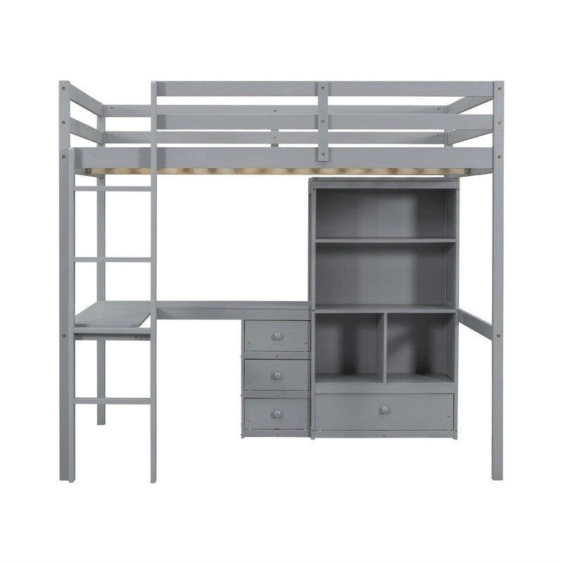 Full Size Loft Bed with Built-in L-Shaped Desk, 4 Storage Drawers and Open Shelves
