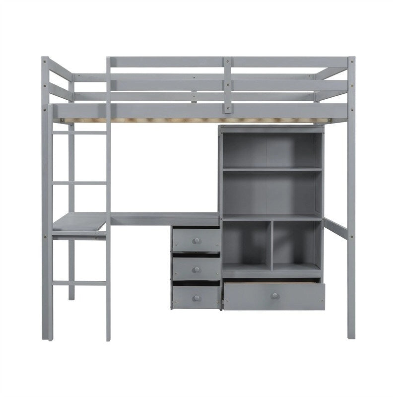 Full Size Loft Bed with Built-in L-Shaped Desk, 4 Storage Drawers and Open Shelves